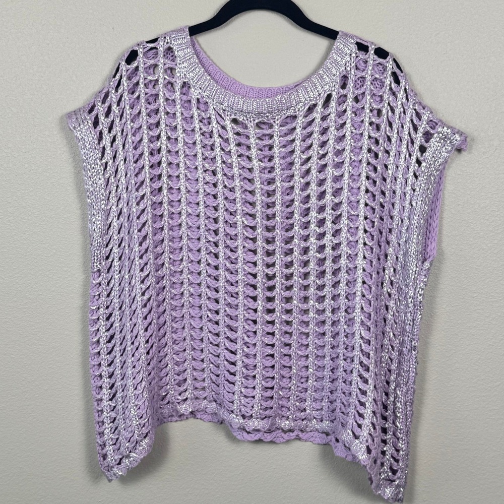 Purple Open Knit Crochet Sweater Metallic Thread Sheer Boho Fairycore Top